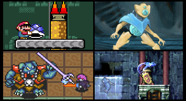 Four game screenshots, featuring a Super Mario World romhack, Slay the Spire, Link to the Past Randomizer, and La-Mulana.